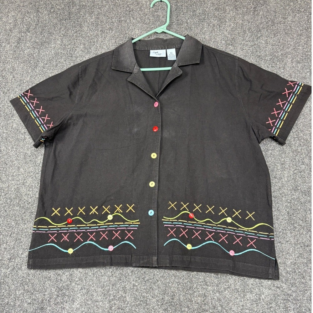 Jane Ashley Button Up Shirt Womens XL Black Embroidered Short Sleeve Cotton